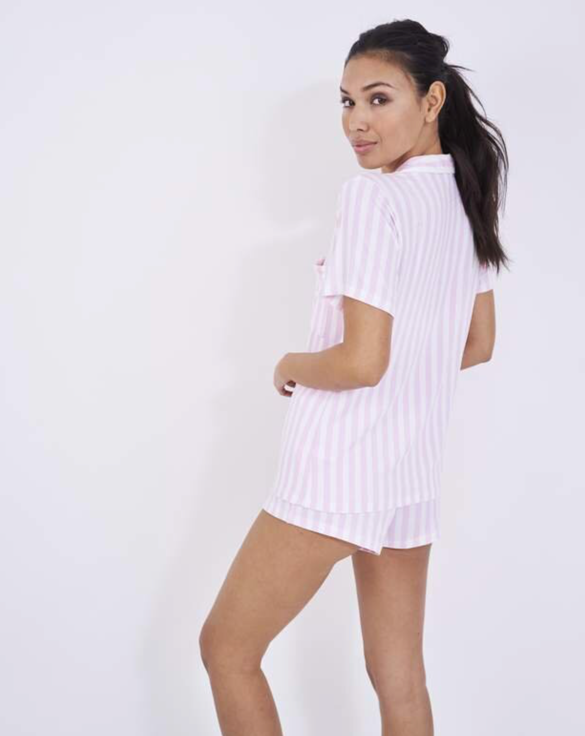 Back of Pale Pink Stripe Two Piece Short and Shirt Sleepwear