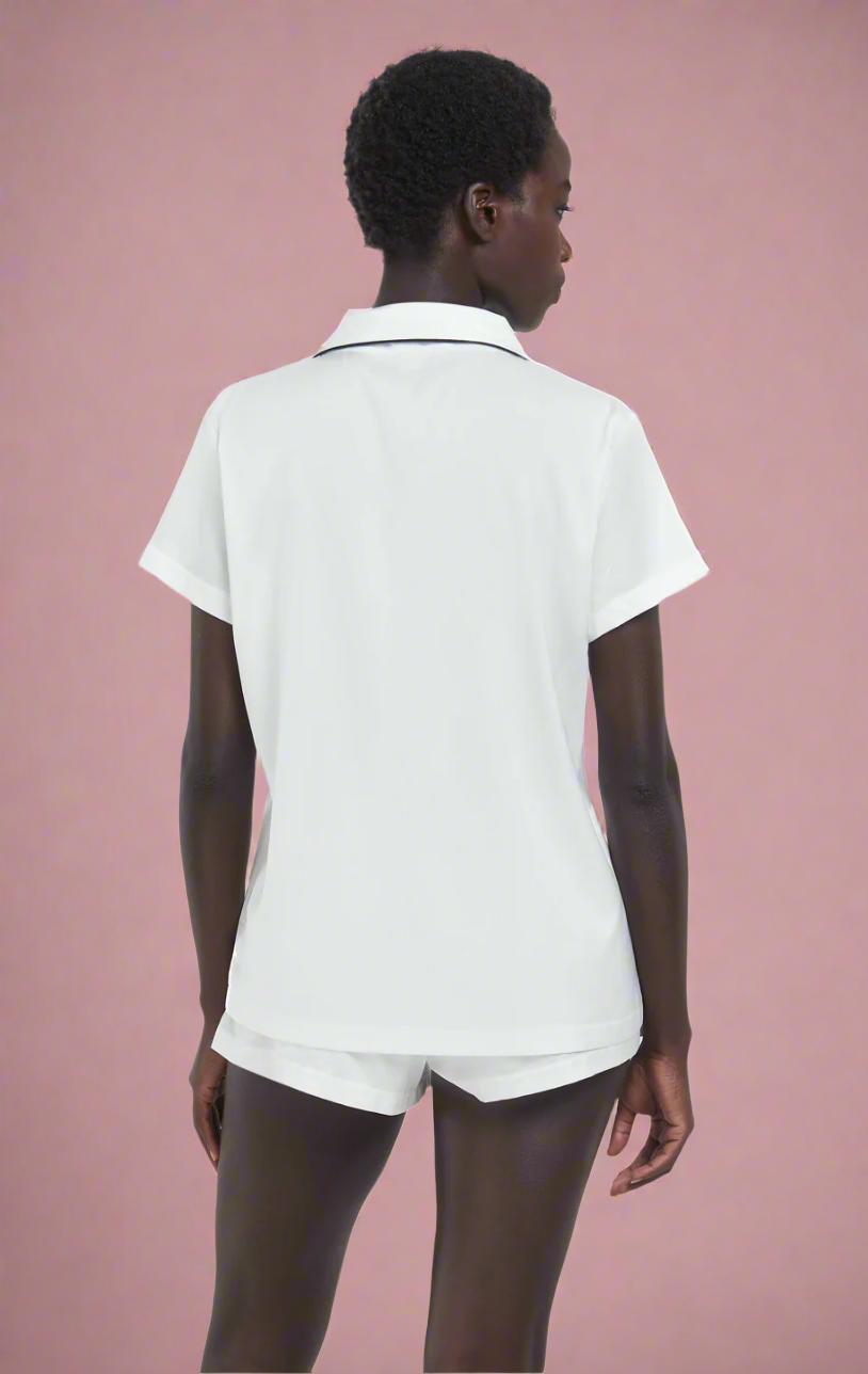 Back of White Satin Sleep Set with Black Trim, pockets and collar