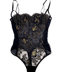 Load image into Gallery viewer, Luxury lingerie gold and black sheer bodysuit