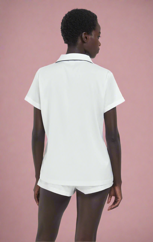 Back of White Satin Sleep Set with Black Trim, pockets and collar