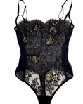 Load image into Gallery viewer, Luxury lingerie gold and black sheer bodysuit 
