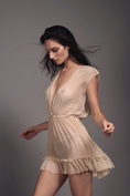 Load image into Gallery viewer, Nude Bridal Silk Chiffon Ruffled Elastic Waist V-Neck Babydoll Morganne Side View
