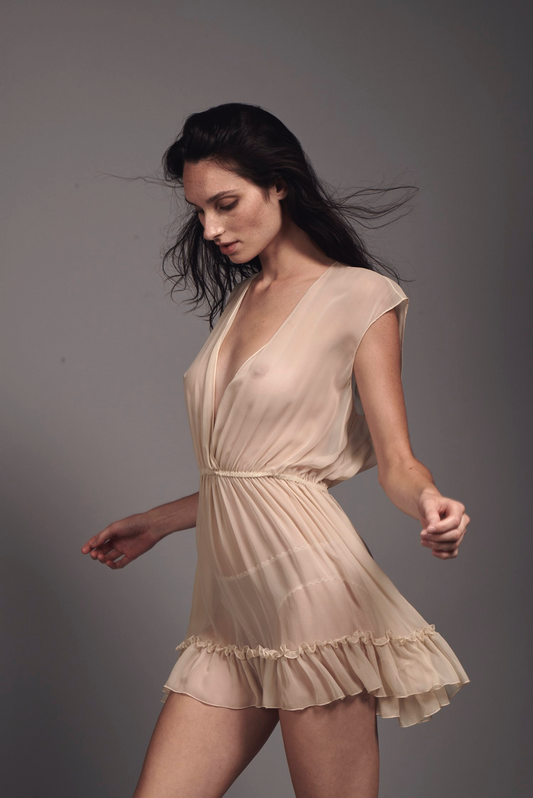 Nude Bridal Silk Chiffon Ruffled Elastic Waist V-Neck Babydoll Morganne Side View