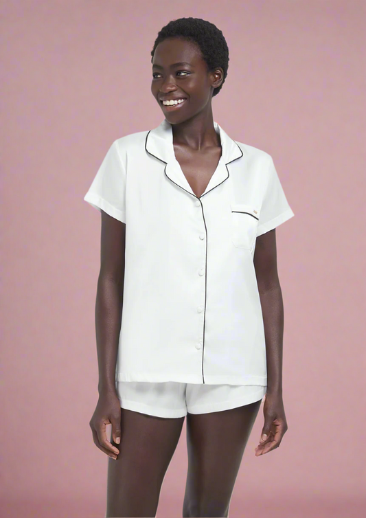 White Satin Sleep Set with Black Trim, pockets and collar